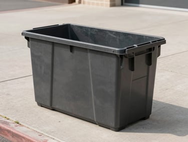 Wide panoramic view of a heavy-gauge outdoor bin anchored to a concrete sidewalk, neutral daylight, clean architectural setting.