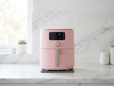 Eye-level straight-on architectural shot of a pink air fryer on a pristine white marble countertop, soft natural window light, crisp details, 50mm lens