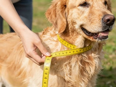 Close-up of gentle hands holding a soft yellow measuring tape around a calm golden retriever's chest, warm natural daylight, focus on the fabric tape and hands