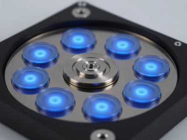 un disque dur ouvert avec des plateaux miroir, reflétant des lumières bleues électriques, ambiance haute technologie, clinique