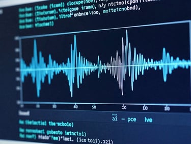 un écran de diagnostic affichant des courbes d'ondes techniques et du code binaire, avec un éclairage bleu électrique, ambiance haute technologie, clinique