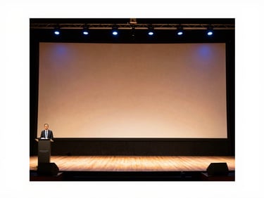Panoramic view of a professionally staged live event with a large projection screen, dynamic lighting, and a presenter on stage, warm amber tones.