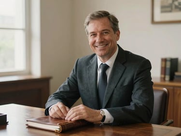 A professional portrait of a male solicitor in his early 50s, warm and approachable expression, sitting at a wooden desk with a leather-bound journal, daylight-filled room, soft focus, 35mm