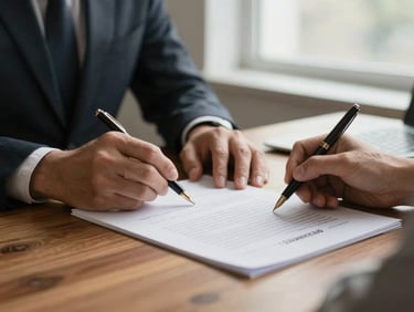 Close-up of hands reviewing a commercial lease agreement on a solid oak desk, fountain pen, soft natural window light, professional 35mm photography