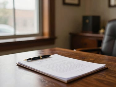 Soft natural window light illuminating a warm, welcoming regional law office interior, a wooden desk with a fountain pen and signed documents, shallow depth of field, 35mm editorial photography.