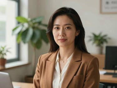 A professional portrait of a female solicitor in her late 30s, warm and confident, daylight-filled office background with green leafy plants, soft natural light, 35mm photography