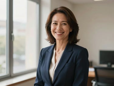 A professional portrait of a female solicitor in her late 40s, smiling warmly in a bright, daylight-filled office, dressed in a classic navy blazer, soft natural window light, 35mm editorial style