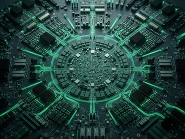 Top-down technical schematic of a secure private cloud AI cluster, high contrast slate and emerald green lighting, sharp macro focus