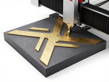 A high-precision CNC machine cutting a custom geometric pattern into a gold-accented composite panel, clean studio lighting, sharp focus
