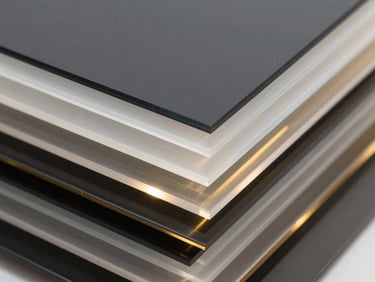 Close-up of layered translucent acrylic sheets, crisp gallery lighting refracting through polished edges