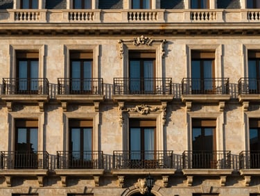 Elegant architectural facade in Madrid, classic stone balconies combined with modern steel frames, warm afternoon sun, medium format photography