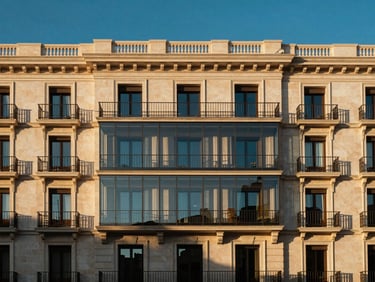 Elegant classical building facade with modern glass balconies in Madrid, warm golden hour light