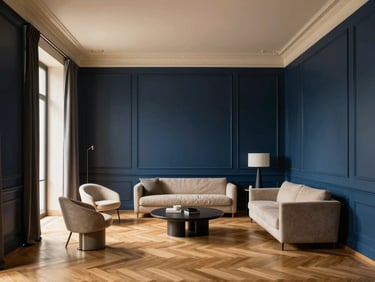 Refined classic interior in Madrid, high ceilings, chevron oak floors, minimalist upscale furniture, soft natural light
