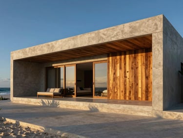 Modern minimalist coastal villa in Riviera Maya, concrete and warm wood details, soft afternoon shadows