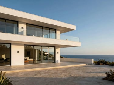Contemporary white villa in Marbella, overlooking the Mediterranean sea, concrete and glass structure, afternoon sun