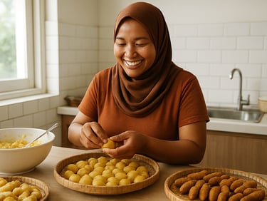 Smiling Indonesian women in a bright kitchen workspace preparing traditional snacks, natural window light, clean setup, authentic documentary, 35mm