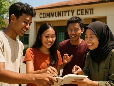 Group of active Indonesian youths collaborating outdoors near a community center, smiling, dynamic framing, bright daylight, authentic documentary, 35mm
