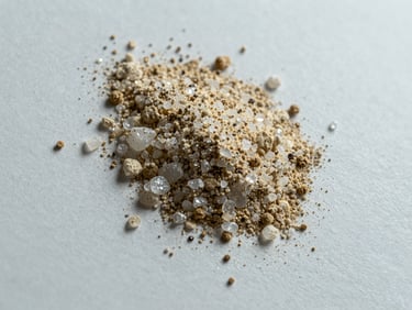 Overhead macro close-up of lyophilized powder crystals scattered across a matte white surface, fine granular texture visible under cool even studio lighting, gold-toned powder particles catching ambient light, precise laboratory aesthetic