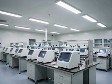 Wide interior shot of a GMP clean-room laboratory, overhead fluorescent lighting, stainless steel benches with lyophilization equipment in precise rows, no people, shadowless technical lighting, clinical white walls