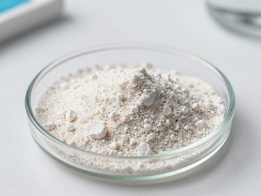 Macro photograph of firming lyophilized powder particles in a small glass dish on a white lab bench, cool white studio illumination, sharp crystalline texture, precise clinical framing