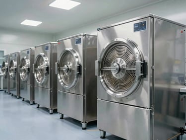 Panoramic view of an automated lyophilization production floor, stainless steel freeze-dryer units aligned in a row, cool even industrial lighting, GMP-standard clean room environment, no workers visible, sharp technical focus