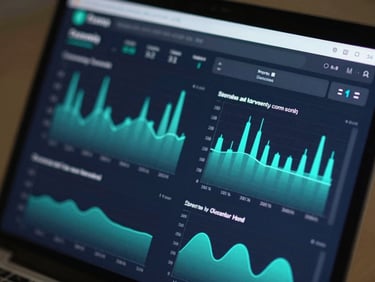 Close-up of a laptop screen showing a fintech app with dynamic charts and graphs analyzing spending patterns. Glowing teal data streams, dark background, sleek tech photography.