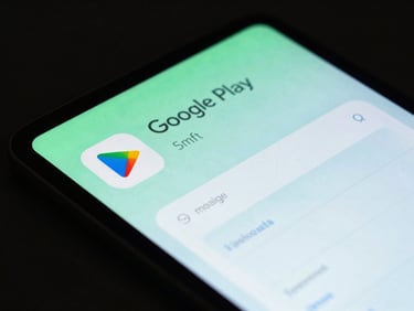 A stylized graphic of Google Play Store analytics on a tablet screen, subtle neon green and blue glow, dark low-key background, sleek tech photography, cool studio lighting, sharp focus, 35mm