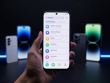 A hand holding a modern Android device mockup displaying a clean app interface, other devices blurred in the background, cool studio lighting with electric blue accents, dark low-key background, sharp focus, 35mm