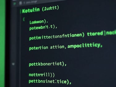 Close-up of clean Kotlin code on a dark monitor, glowing green syntax highlighting, sleek tech photography, cool studio lighting with neon green accents, sharp focus, 35mm