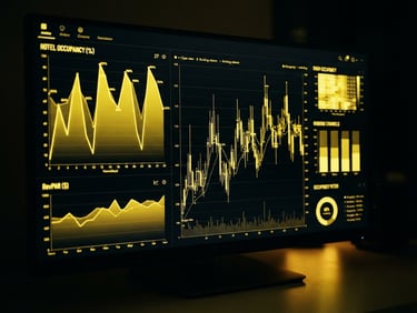 Sleek dark UI dashboard showing real-time hotel occupancy and RevPAR charts, glowing yellow lines, high-contrast dark aesthetic, 35mm