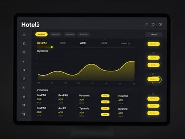 Sleek high-fidelity dark UI mockup of the Hotelê dashboard on a modern screen, displaying real-time metrics like RevPAR, ADR, and dynamic pricing curves, glowing yellow data highlights, premium dark-mode aesthetic.