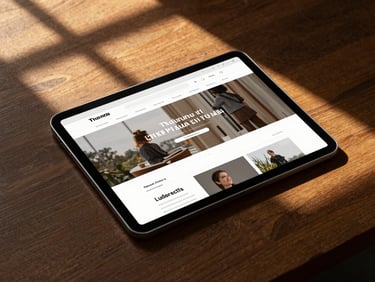 Editorial website mockup on a tablet, placed on a dark wooden table with warm window shadows casting across the screen.