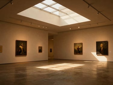 Wide cinematic shot of a modern gallery space, soft light filtering through a skylight, casting long shadows.