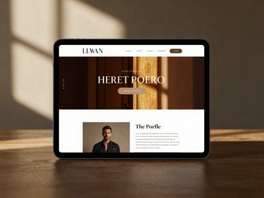 A highly styled UI mockup of a luxury portfolio website displayed on an elegant tablet, warm dramatic side-lighting, soft natural window shadows.