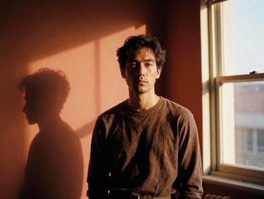 Cinematic portrait of an artist in their studio, dramatic side-lighting, warm terracotta tones, 35mm film grain.