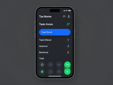 High-fidelity Android mockup of a minimalist task manager app with vibrant green accents, clean dark UI, 35mm