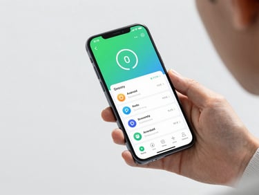 Over-the-shoulder shot of a professional using a sleek Android phone displaying a clean productivity dashboard, vibrant green accents, crisp studio lighting.