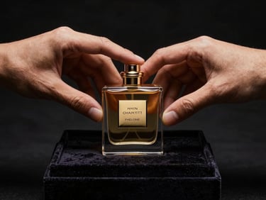 Elegant hands gently placing a luxury perfume bottle back into its velvet-lined box, dark textured background, dramatic low-key lighting, gold reflections.