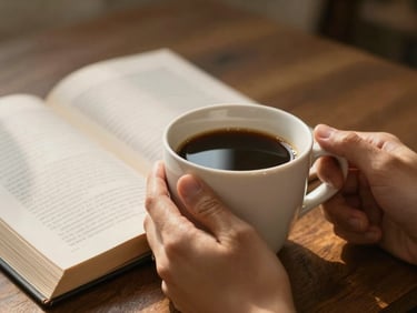 Close-up of hands holding a warm cup of coffee and an open book during a morning study, soft golden lighting.