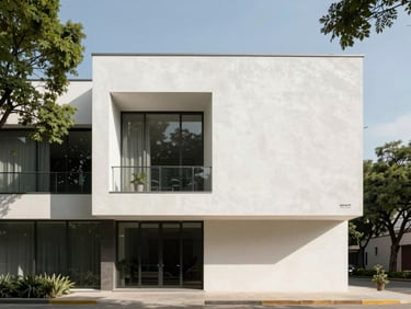 Modern minimalist building exterior in Guadalajara, clean lines, bright daylight, soft green trees around.