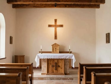Warm, light-filled family chapel in Hidalgo, wooden accents, minimalist altar, peaceful atmosphere.