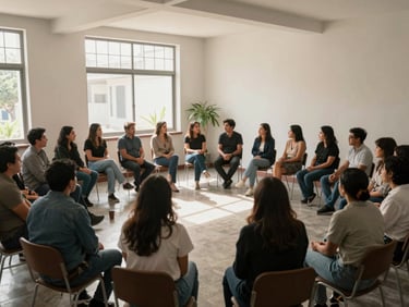 Bright interior of a community hall in Mexico City, people sitting in a circle talking warmly, soft morning light.