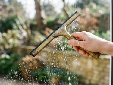 Close-up of a hand holding a vintage brass squeegee pulling water off a perfectly clear window pane, bright natural daylight, sharp glass reflections, warm ivory and charcoal tones.