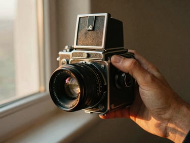 Close-up of a hand holding a vintage medium format camera, soft golden-hour window light, rich film grain, warm editorial photography style.