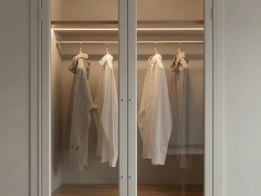 Close-up architectural shot of a wardrobe featuring fluted glass doors, showing the soft diffused silhouette of hanging garments under warm integrated LED lighting.