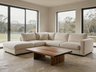 Wide architectural shot of a contemporary living room, low-profile modular sofa in off-white bouclé, solid walnut coffee table, natural stone flooring, large steel-framed windows with soft daylight