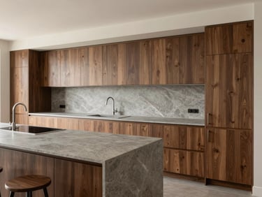 Wide-angle architectural shot of a long linear kitchen with a continuous grey stone countertop, flush handleless cabinets, soft daylight