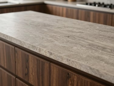 A close-up of a bespoke kitchen island where dark walnut grain meets a thick slab of textured natural stone, soft diffused daylight, medium format editorial composition
