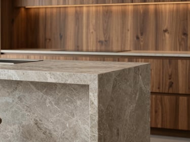 Close-up of a monolithic quartzite kitchen island meeting a continuous walnut wall, warm ambient lighting, highly detailed material joinery