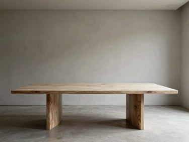 Minimalist dining room with a large natural stone table, low-contrast shadows, architectural lines
